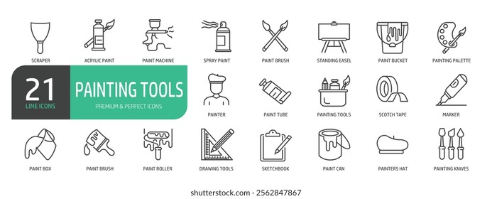 Painting Tools Line Icon Set. The set contains icons such as Pencil, Ruler, Liner Marker, Sketchbook, Painter, Paintbrush, Standing Easel.