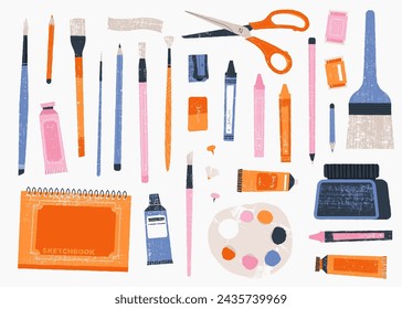 Painting tools and materials. Cartoon artist paintbrushes, pencils, tubes, palette and other painting equipment. Vector sketch kit isolated set of paint cartoon drawing tools illustration