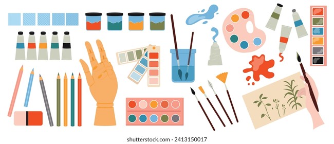 Painting tools mega set in flat design. Bundle elements of watercolor or acrylic paint tubes, brushes, pencils, palette, colours swatch, mannequin hand. Vector illustration isolated graphic objects