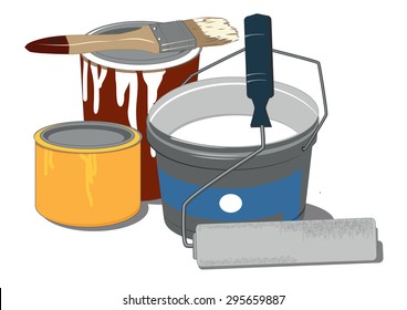 painting tools and paint cans on white background