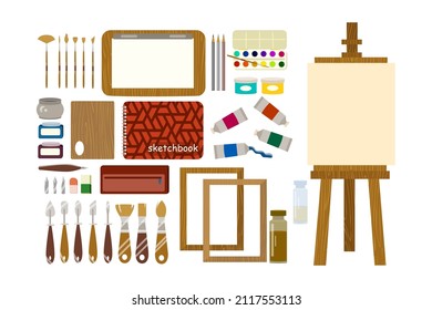 Painting tools for painter or craftsman cartoon illustration set. Tubes of paints, brushes, canvas, sketchbook, frames, pallet, drawing easel on white background. Art, craft, equipment concept