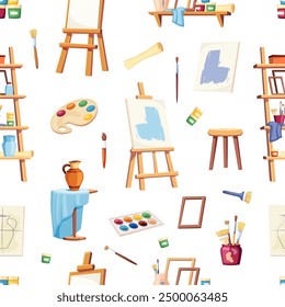 painting tools pattern. art supplies collection, cartoon flat art class studio equipment stationery. vector cartoon flat seamless pattern.