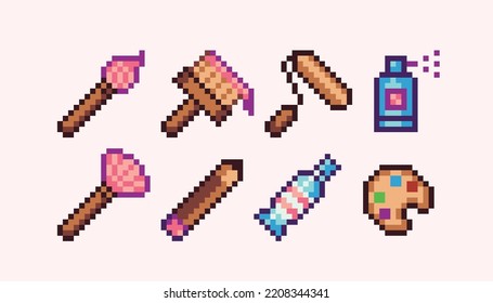 Painting tools pixel art set. Artist equipment collection. Paintbrushes and paint tubes. 8 bit sprite. Game development, mobile app.  Isolated vector illustration.