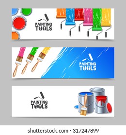 Painting tools realistic horizontal banners set with brush and paint roller isolated vector illustration 