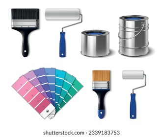 Painting tools realistic set with isolated palette paint cans rollers and paintbrushes vector illustration