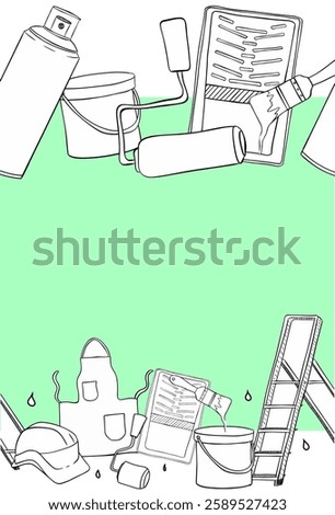 Painting tools seamless border frame. Brush, color can, roller, helmet, apron, paint tray graphic line vector illustration. isolated on white background
