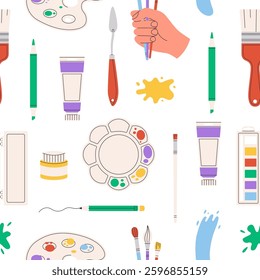 Painting tools seamless pattern. Elements and art supplies like paint tubes, pencil and color palette. Flat vector illustration on white background.