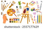 Painting tools set. Art supplies elements, paint tubes, brushes, pencil, watercolor, palette. Trendy modern vector illustration isolated on white, hand drawn, flat design.