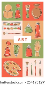 Painting tools. Set of art supplies, creative hobby accessories. Modern design poster for banner, cover, marketing. Vector illustration