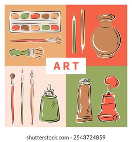 Painting tools. Set of art supplies, creative hobby accessories. Modern design poster for banner, cover, marketing. Vector illustration