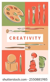 Painting tools. Set of art supplies, creative hobby accessories. Modern design poster for banner, cover, marketing. Vector illustration 
