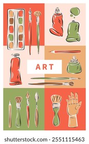 Painting tools. Set of art supplies, creative hobby accessories. Modern design poster for banner, cover, marketing. Vector illustration