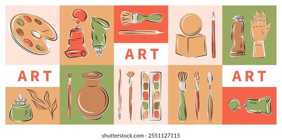 Painting tools. Set of art supplies, creative hobby accessories. Modern design poster for banner, cover, marketing. Vector illustration