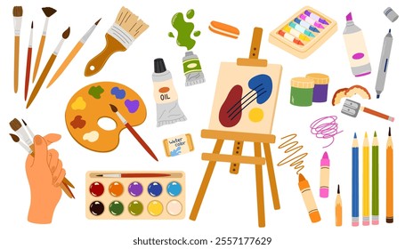 Painting tools set. Art supplies elements, paint tubes, brushes, pencil, watercolor, palette. Trendy modern vector illustration isolated on white, hand drawn, flat design.