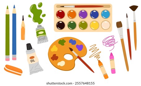 Painting tools set. Art supplies, paint tubes, brushes, pencil, watercolor, palette. Trendy modern vector illustration isolated on white, hand drawn, flat design.