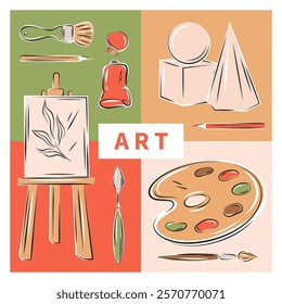 Painting tools. Set of art supplies, creative hobby accessories. Modern design poster for banner, cover, marketing. Vector illustration