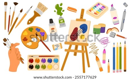 Painting tools set. Art supplies elements, paint tubes, brushes, pencil, watercolor, palette. Trendy modern vector illustration isolated on white, hand drawn, flat design.