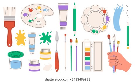 Painting tools set. Brushes, paints, blots, palette. Flat vector illustration isolated on white background.