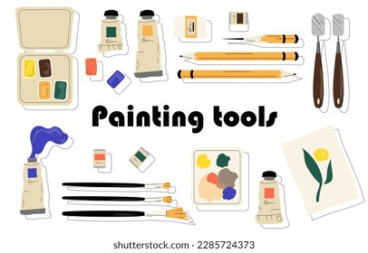 Painting tools set. Collection of brushes, paints and pencils. Workshop inventory, equipment. Canvas, painting and palette, erasers. Cartoon flat vector illustrations isolated on white background