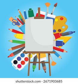 Painting tools set with easel frame watercolor brush gouache palette and pencils Perfect for artist day design and creative decoration elements