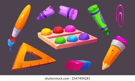 Painting tools set isolated on black background. Vector cartoon illustration of watercolor paint palette, color crayons, pencil, ruler, brush, eraser, paperclip, art school stationery collection