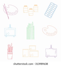 Painting tools set. Linear icons. Palette, paint brushes, easel, sketchbook and paper, moist colors, artist paints.