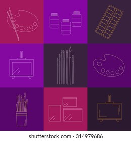 Painting tools set. Linear icons. Palette, paint brushes, easel, sketchbook and paper, moist colors, artist paints.