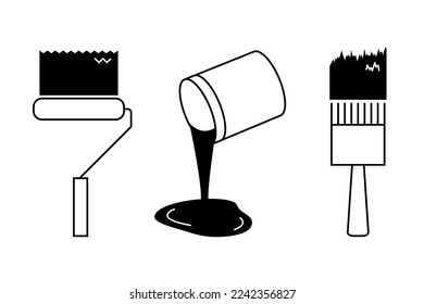 Painting tools. Set of outline icons. Vector illustration. Linear drawing of painting brush and roller and can with spilling paint.