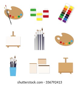 Painting tools set. Palette, paint brushes, easel, sketchbook and paper, moist colors, artist paints isolated on white background.