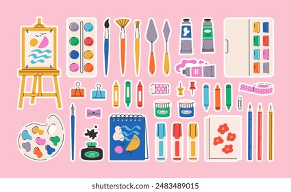 Painting tools stickers set. Art supplies: brushes, paint tubes, pencils, ink, sketchbook, easel, watercolor, markers, palette, crayons, palette knife sketchbook. Vector hand draw flat illustration.