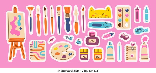 Painting tools stickers set. Art supplies: brushes, paint tubes, pencils, ink, sketchbook, easel, watercolor, markers, palette, crayons, palette knife sketchbook. Vector hand draw flat illustration.