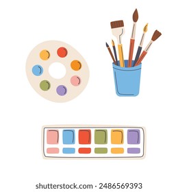 Painting tools. Watercolor palette, brushes, paints, palette. Vector illustration