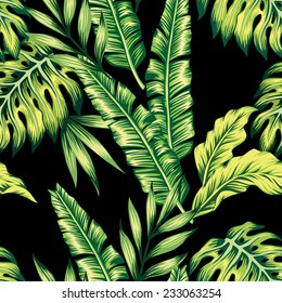 Painting Tropic Summer Seamless Vector Pattern With Palm Banana Leaf And Plants. Floral Background Jungle. Print Trendy Bunch Exotic Flower Wallpaper.