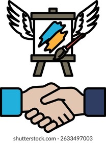 Uma pintura de duas mãos apertando as mãos com uma pintura de um pincel e uma pintura de uma tela
