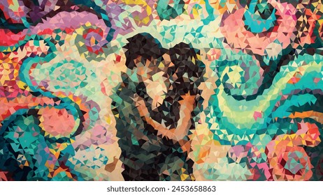 A painting of two people hugging with a blue background. The painting is abstract and colorful. The mood of the painting is warm and loving