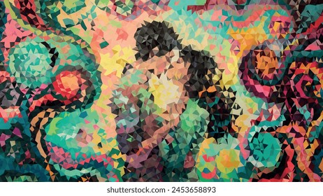 A painting of two people hugging with a colorful background. The painting is abstract and has a lot of different colors