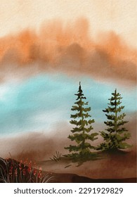 A painting of two pine trees on a beach with a sunset in the background.