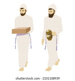 A painting of two traditional Orthodox Jewish priests in ancient clothing from the time of King Solomon's Temple in Jerusalem holding face bread and a pitcher of frankincense. Vector, isolated,