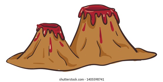 Painting of two volcanoes exploding in fiery when molten rock, ash, and steam pour through a vent in the earth's crust, vector, color drawing or illustration. 