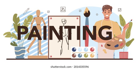 Painting typographic header. Student holding art tools learning how to draw and craft. Art school education, scetching and coloring classes. Isolated flat vector illustration