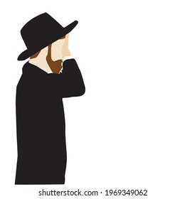 A painting of an ultra-Orthodox Jewish man, a Torah observer, praying, and reciting Shema Yisrael.
Covering his eyes with the palm of his hand. Black hat, black suit.
Isolated vector on a white