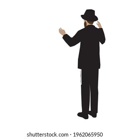 A painting of an ultra-Orthodox Jewish man wearing a black hat and suit, standing and raising his hands in a pray and enthusiasm.
The figure is drawn from the back. At an angle of three quarters.
Sing