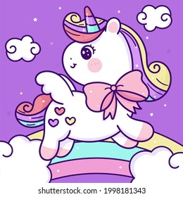 Painting Unicorn flat princess pegasus pony cartoon on rainbow animal habitat fairy kawaii illustration: Series fairytale baby pastel color(Girly girl) Cute vector birthday invitation. Fantasy kids.