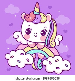 Painting Unicorn rainbow flat Pegasus princess fairy pony cartoon on candy cloud animal habitat kawaii illustration: Series fairytale baby pastel color(Girly girl) Cute vector birthday invitation.