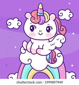 Painting Unicorn rainbow flat princess fairy pony cartoon on cloud animal habitat kawaii illustration: Series fairytale baby pastel color(Girly girl) Cute vector birthday invitation.Fantasy Hand draw.