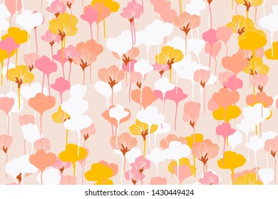 Painting universal freehand floral seamless pattern with hand drawn flowers. Graphic design for background, card, banner, poster, cover, invitation, fabric, header or brochure