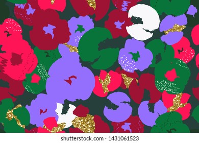 Painting universal freehand floral seamless pattern with gold glitter flowers. Graphic design for background, card, banner, poster, cover, invitation, fabric, header or brochure