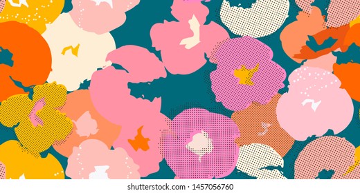 Painting universal freehand floral seamless pattern with hand-drawn flowers