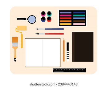 Painting using newly purchased paints and brushes, thick drawing book, pencil for sketching, desk top view vector illustration.