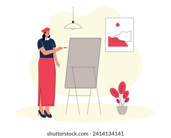 Painting using paints and brushes in art studio, craft vector illustration.
